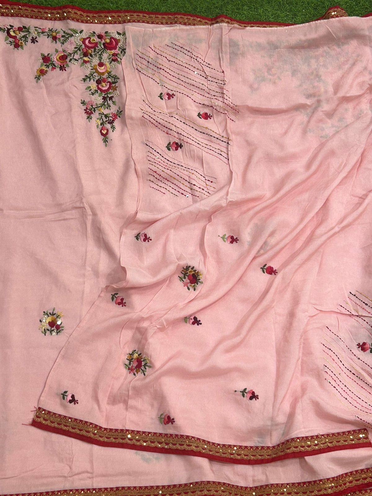 Baby pink crepe designer knot work saree