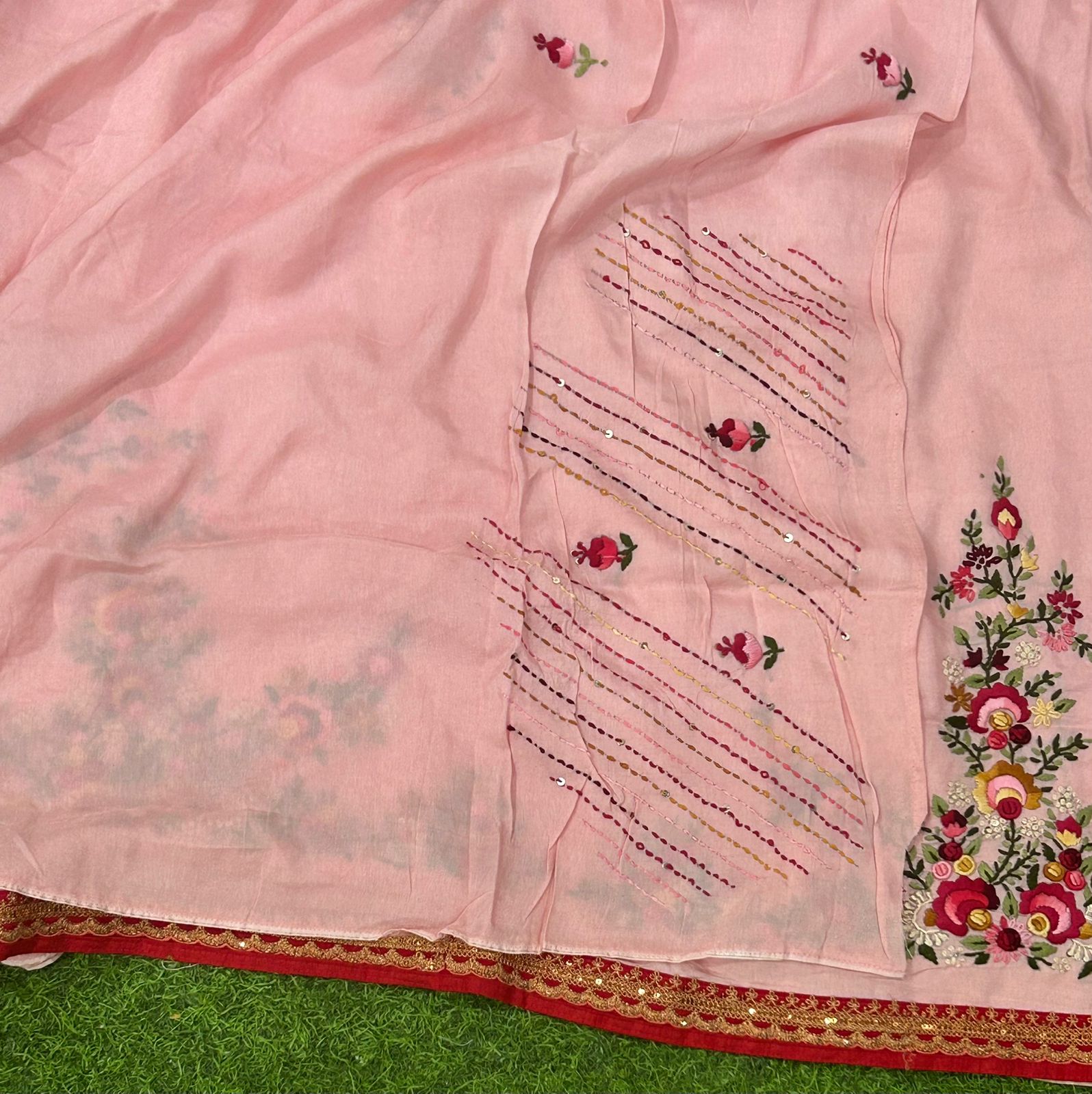 Baby pink crepe designer knot work saree