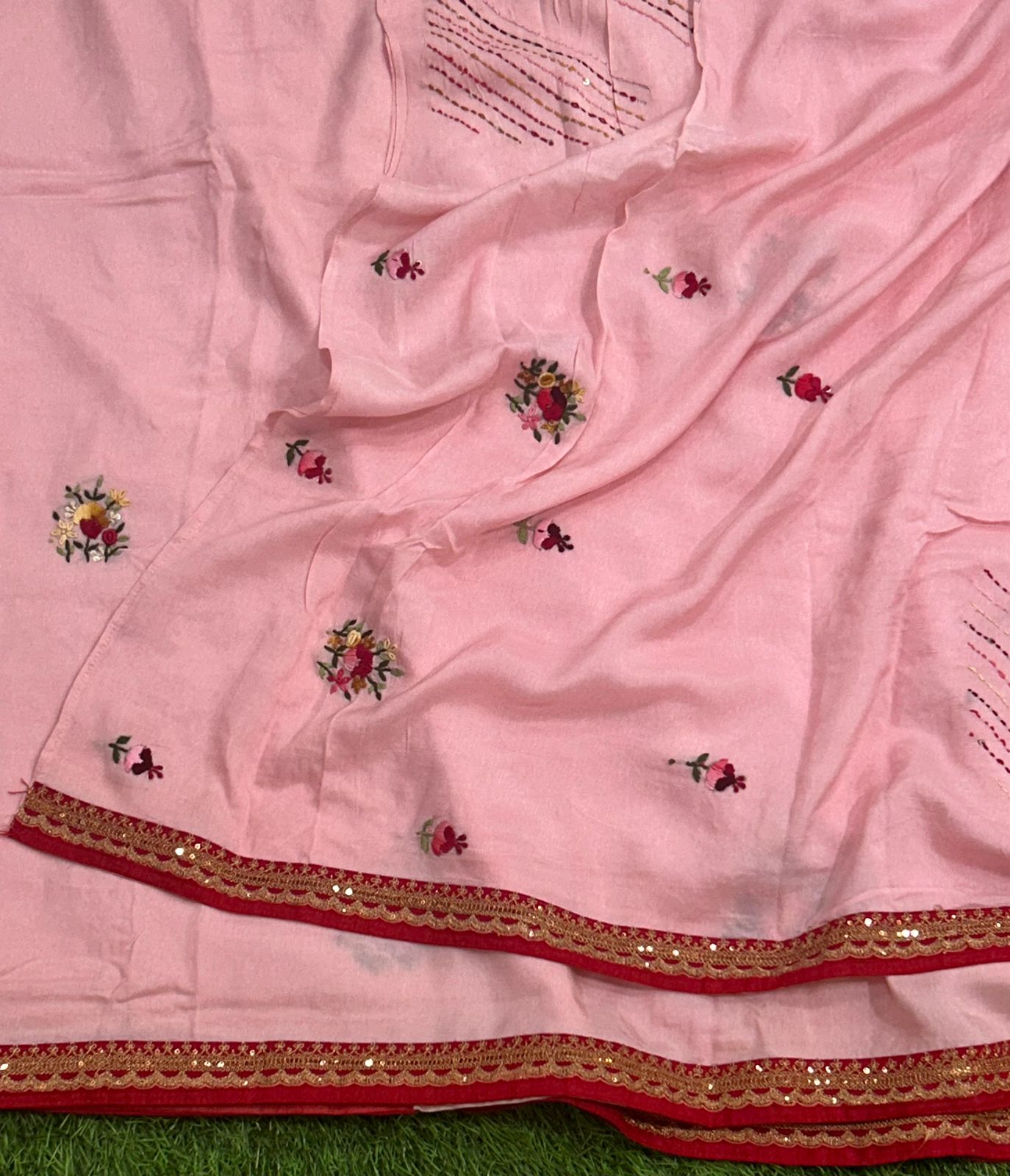 Baby pink crepe designer knot work saree