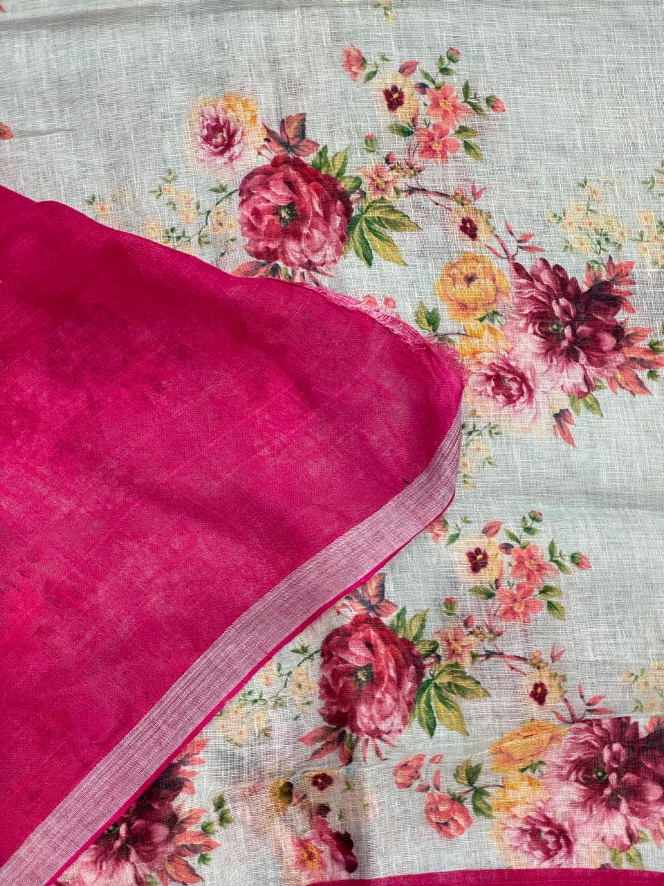 Pastel blue pure Linen digital printed Saree