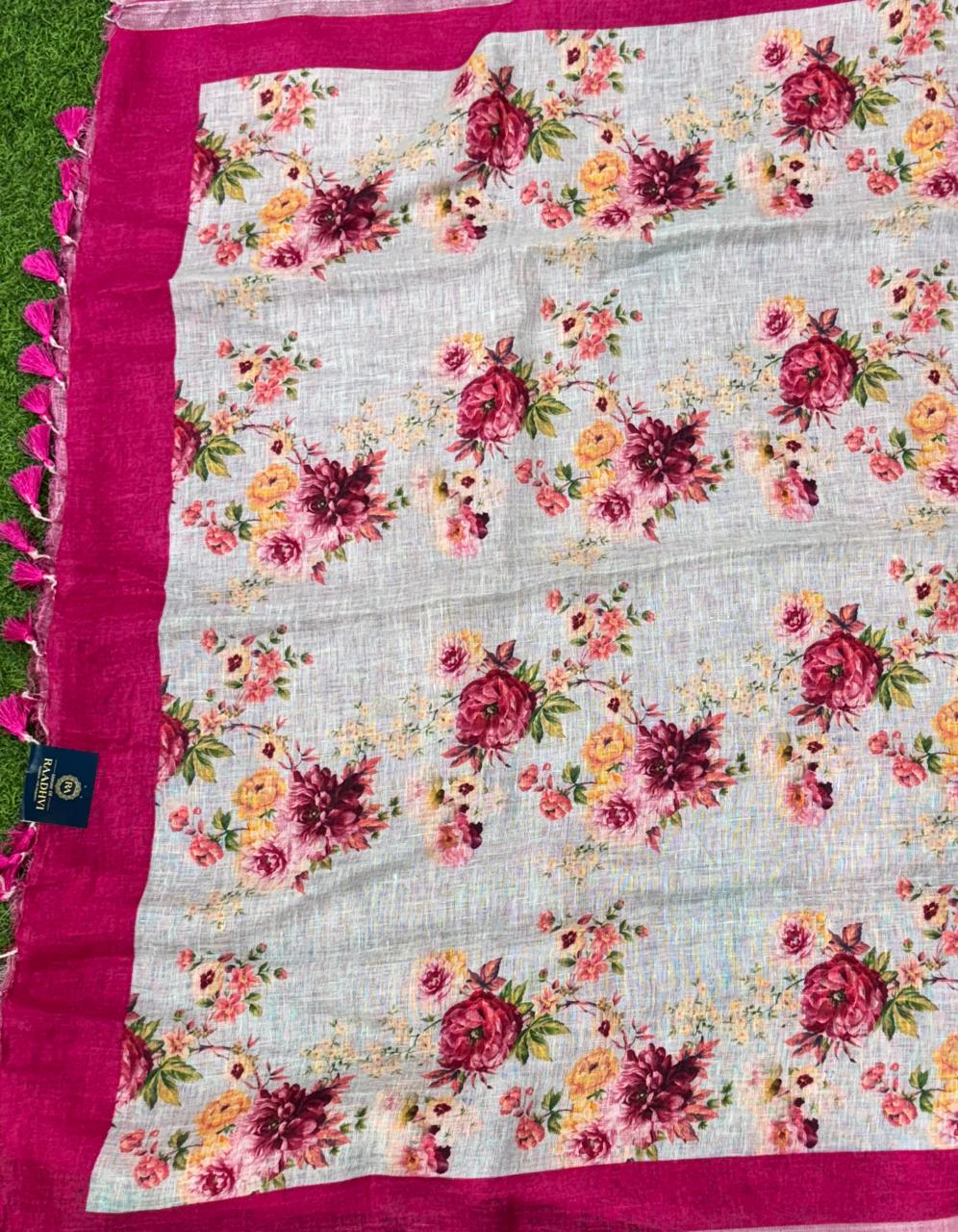 Pastel blue pure Linen digital printed Saree