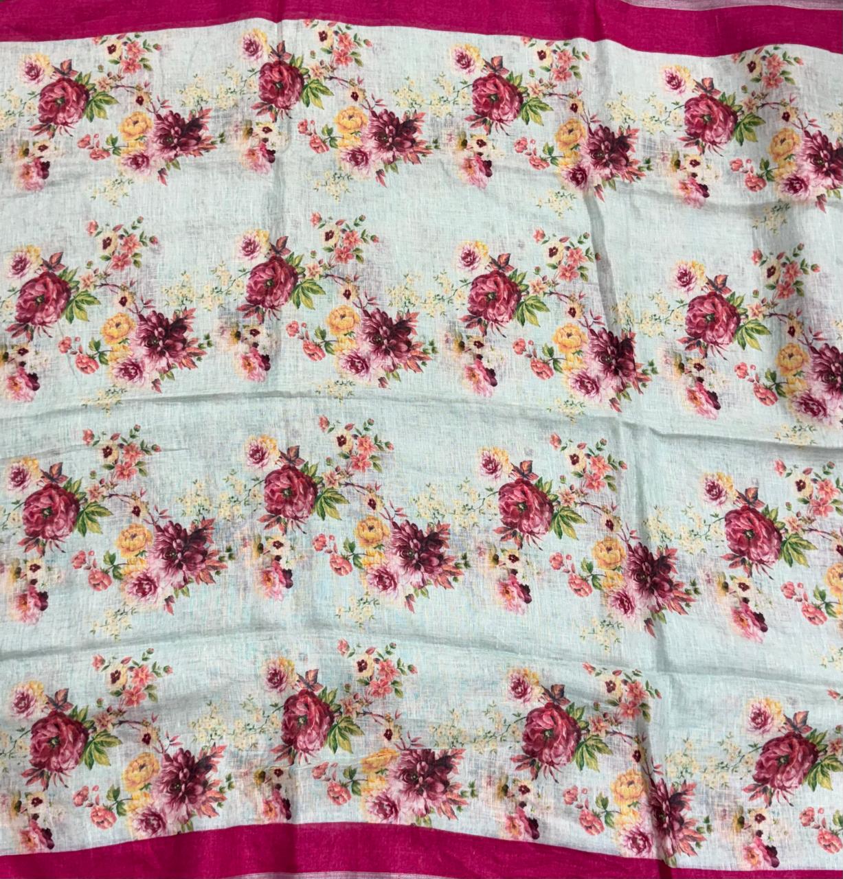 Pastel blue pure Linen digital printed Saree