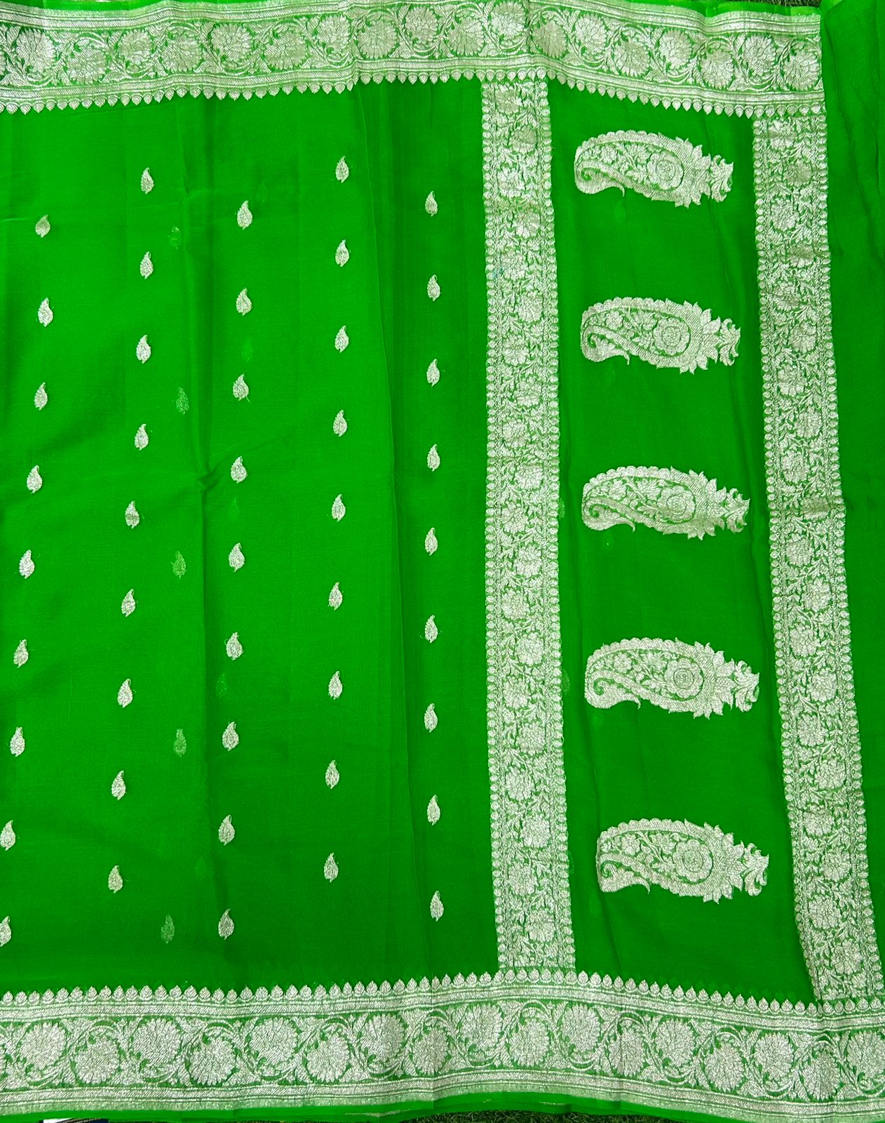 Parrot green benaras pure khadi chiffon saree