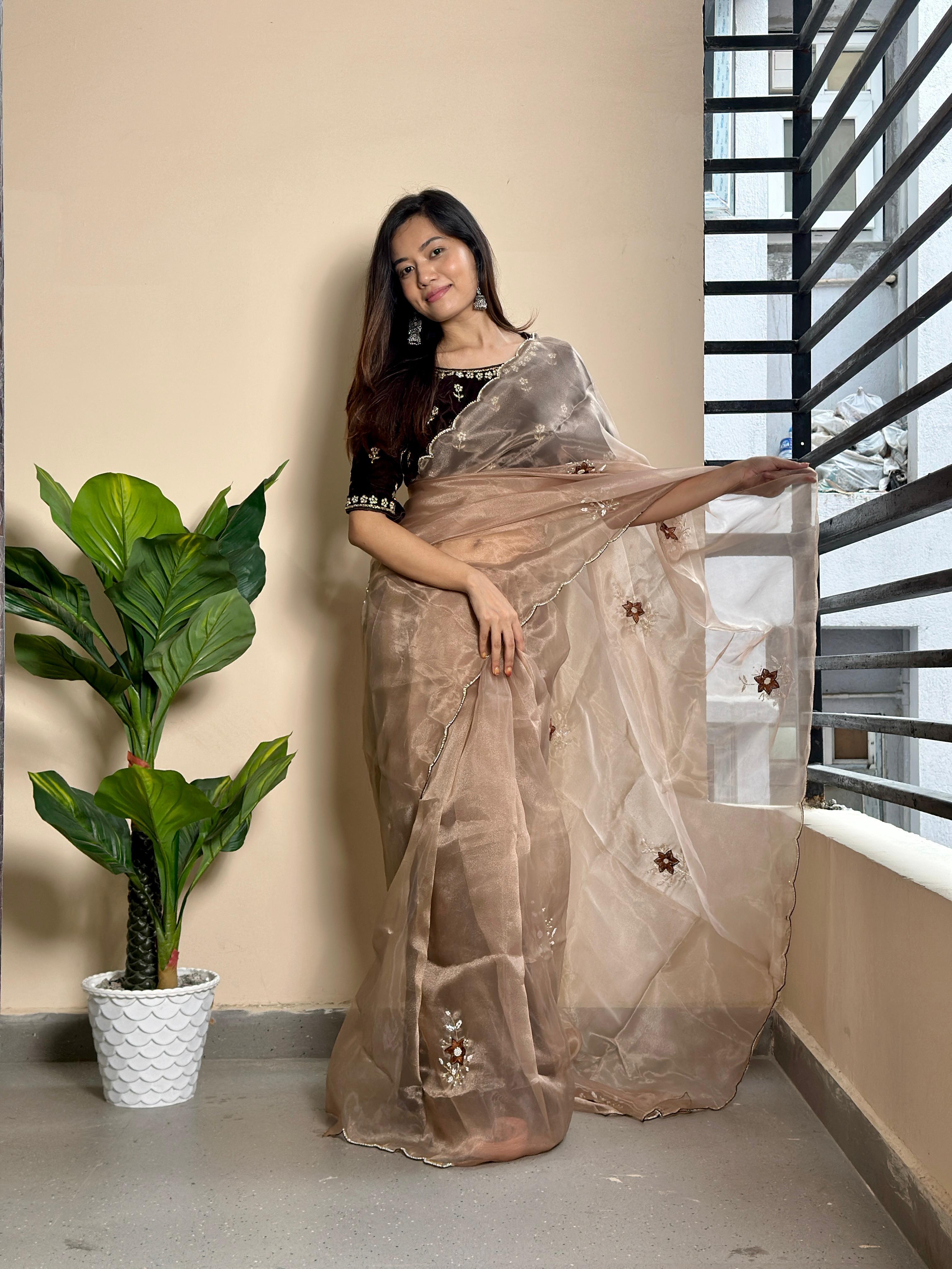 Golden Beige velvet stitched blouse glass tissue party wear saree