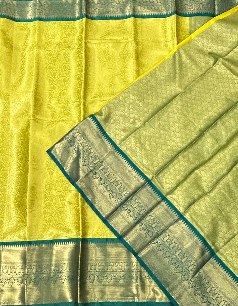 Yellow brocade semi kanchi silk saree