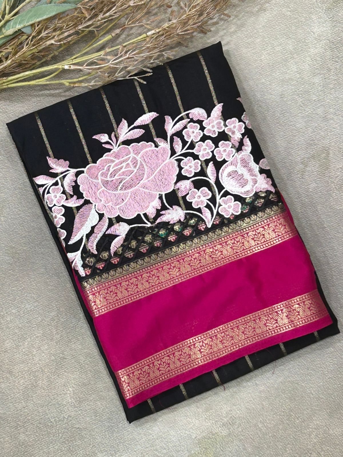 Black n pink cutwork semi mysore crepe silk saree