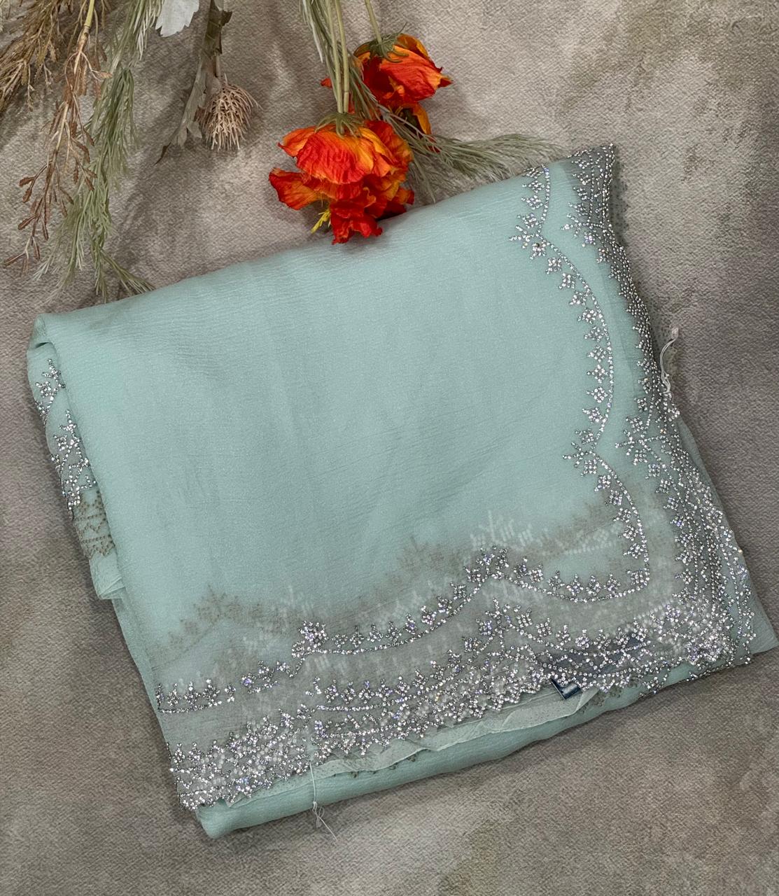 Blue crush stone scallop party wear saree