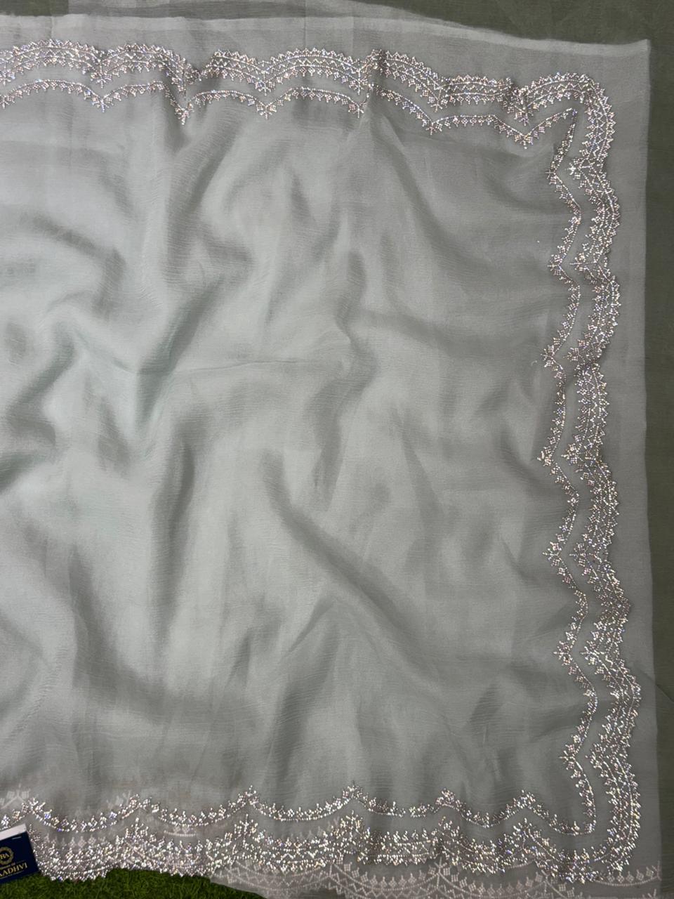 Blue crush stone scallop party wear saree