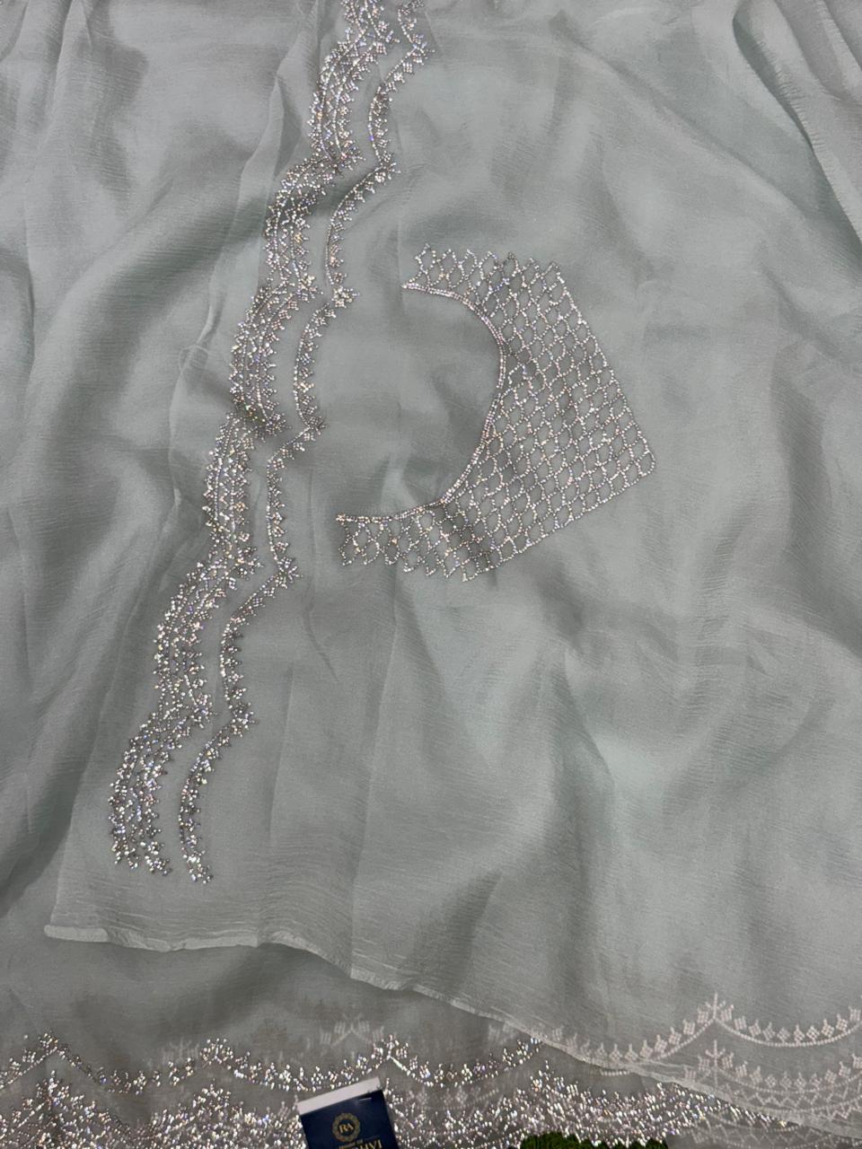 Blue crush stone scallop party wear saree