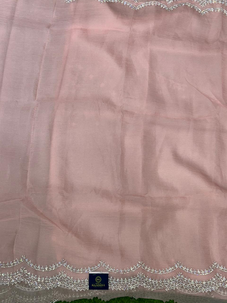 Peach crush stone scallop party wear saree