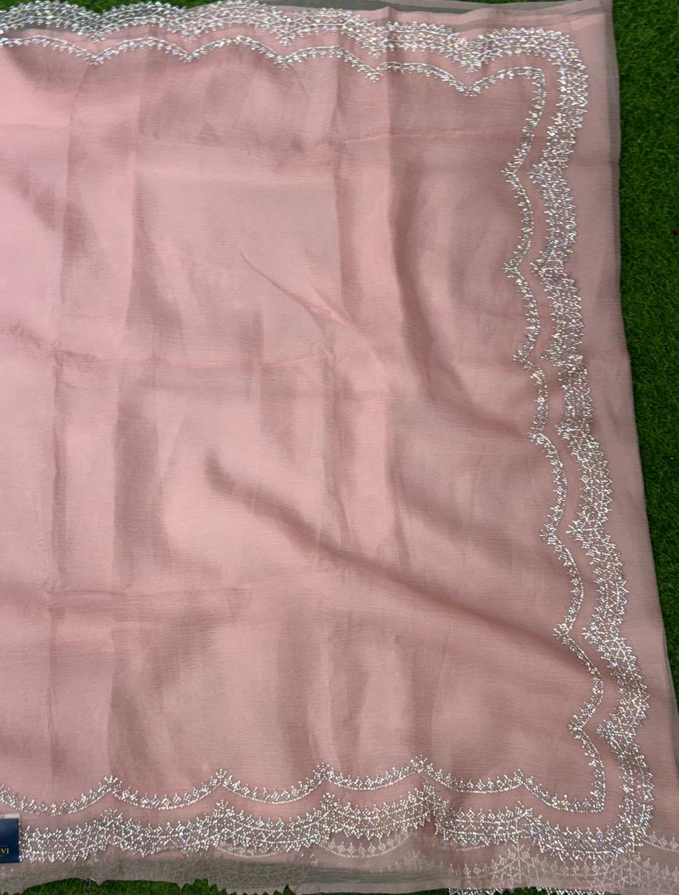 Peach crush stone scallop party wear saree
