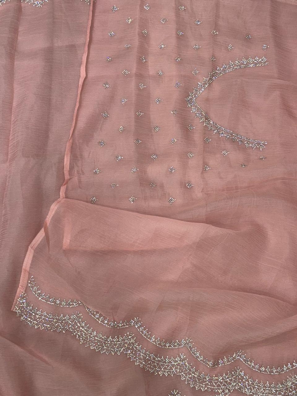 Peach crush stone scallop party wear saree