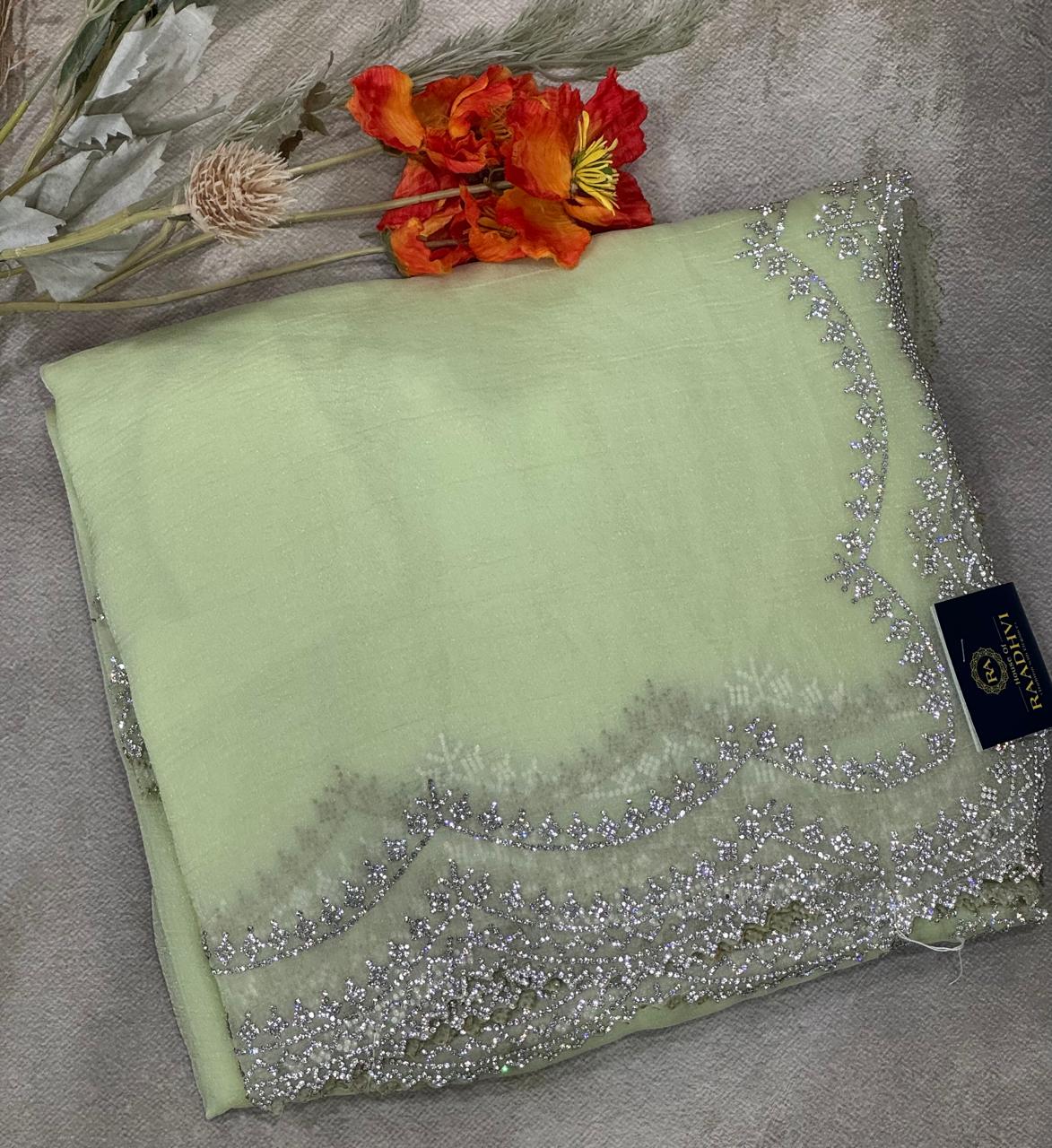 Green crush stone scallop party wear saree