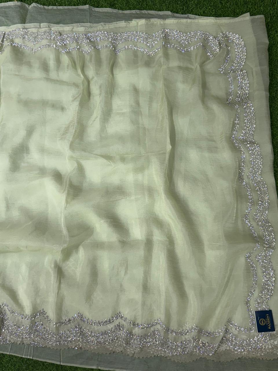 Green crush stone scallop party wear saree