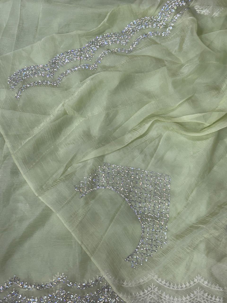 Green crush stone scallop party wear saree