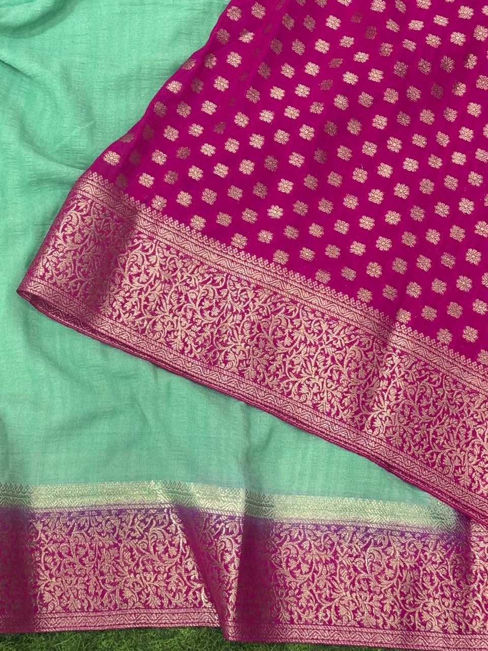 Rama green pink plain-02 semi georgette saree (RR)