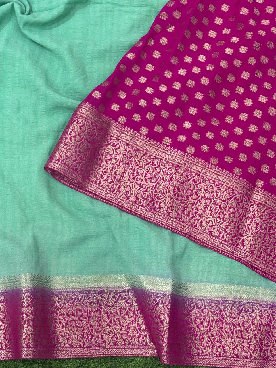 Rama green pink plain-02 semi georgette saree (RR)