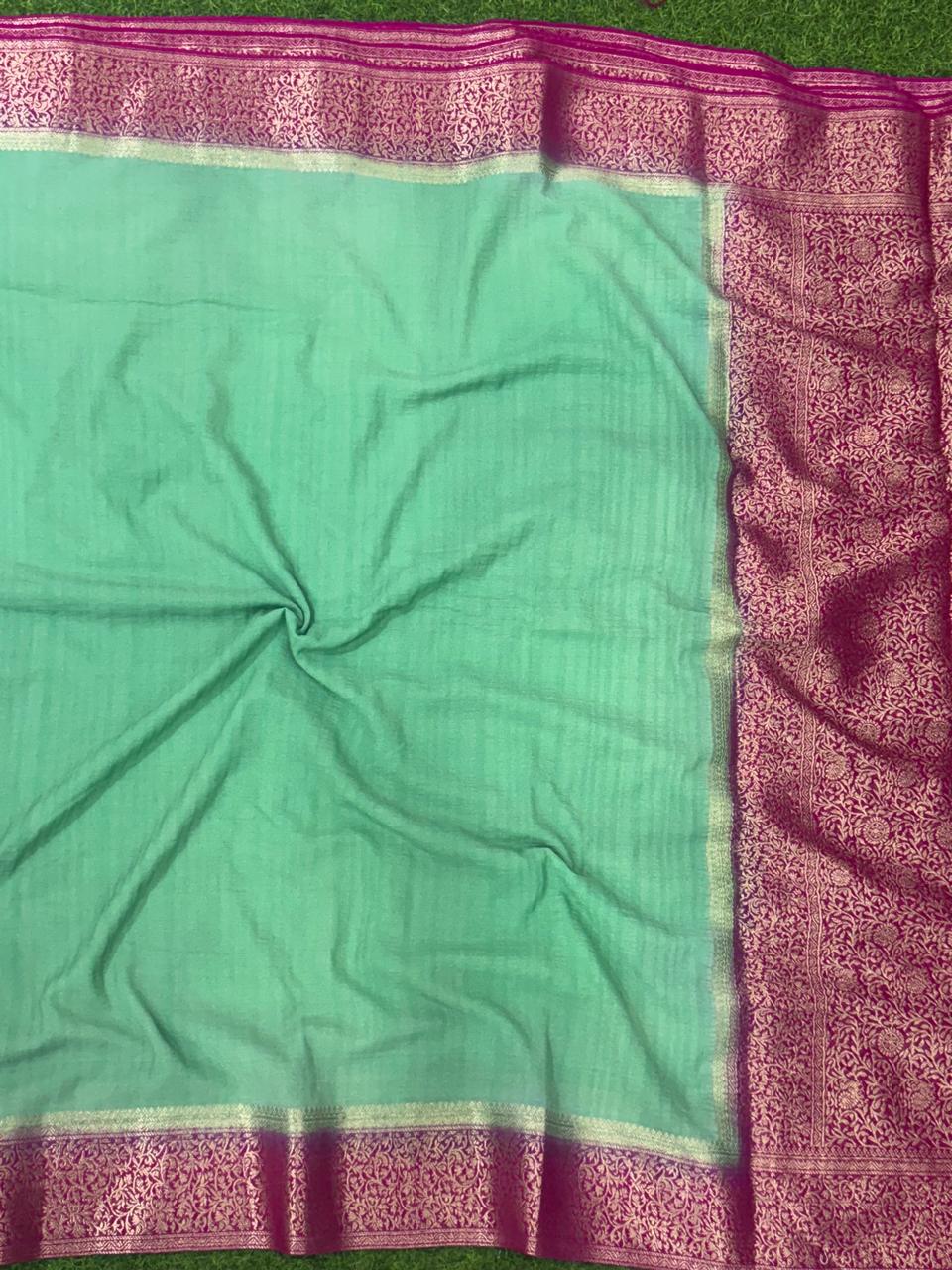 Rama green pink plain-02 semi georgette saree (RR)