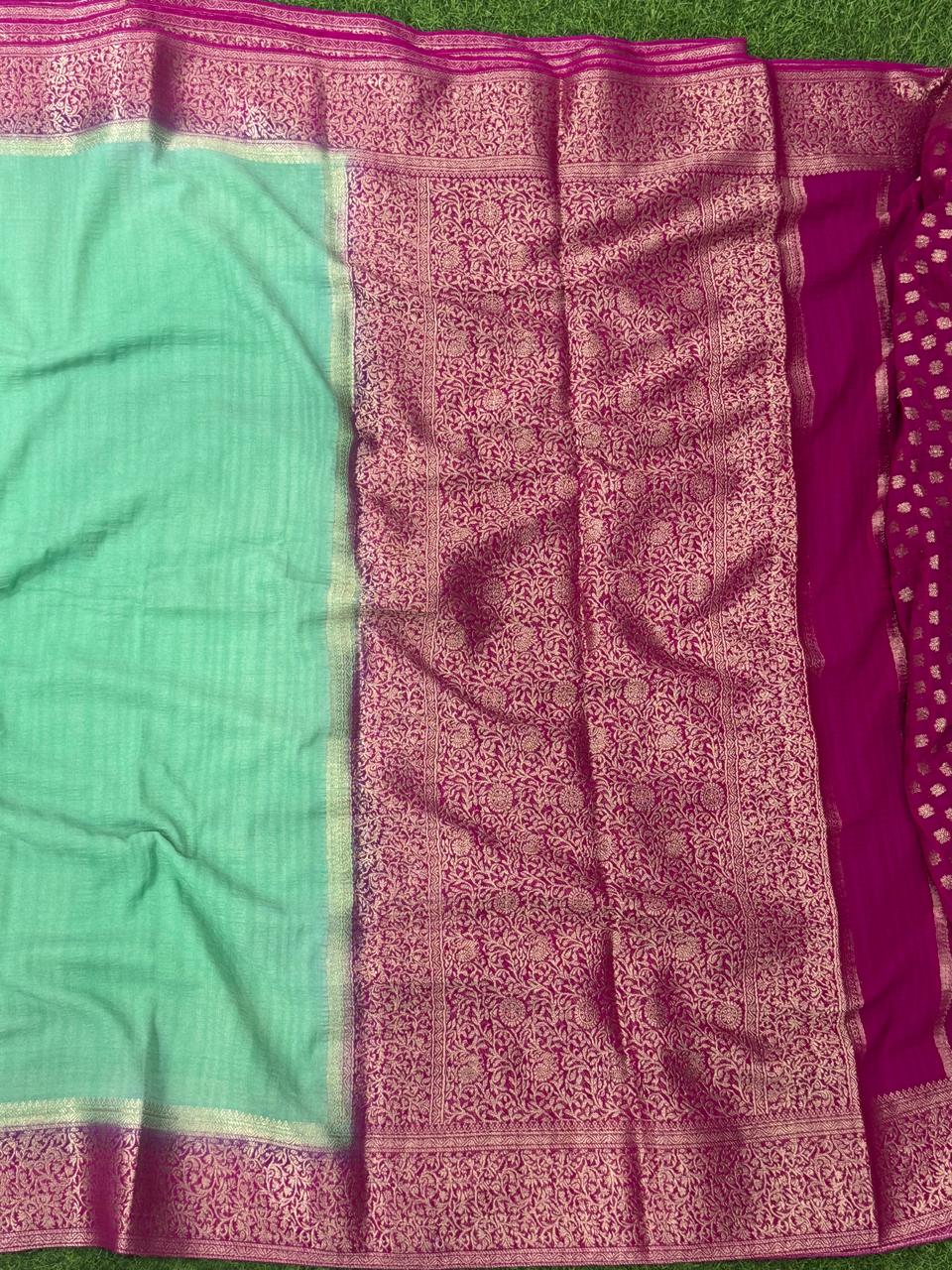 Rama green pink plain-02 semi georgette saree (RR)