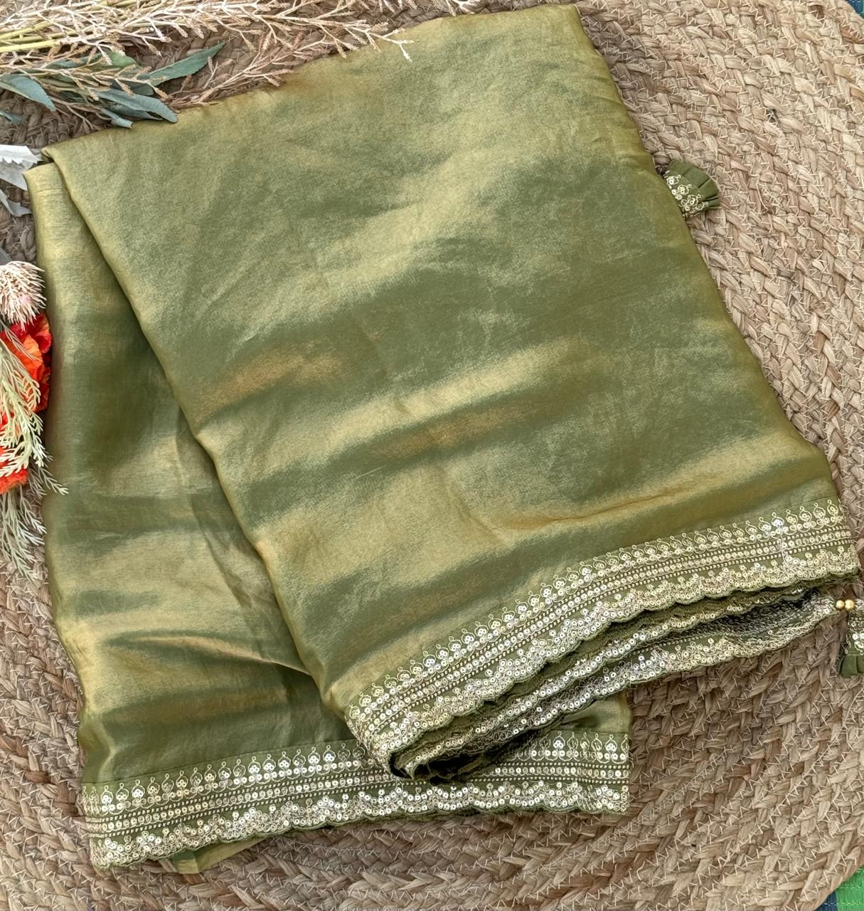 Green tissue designer party wear with work blouse