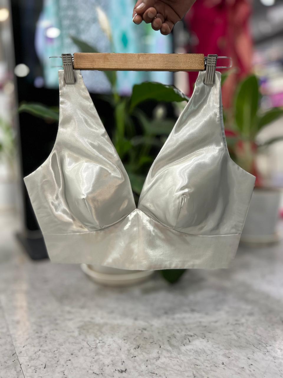 Silver satin plain sleeveless blouse