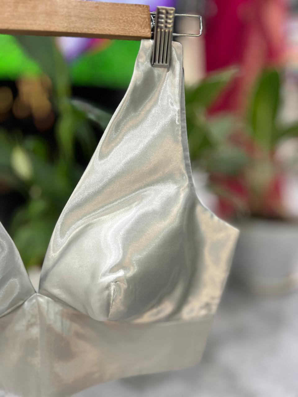 Silver satin plain sleeveless blouse