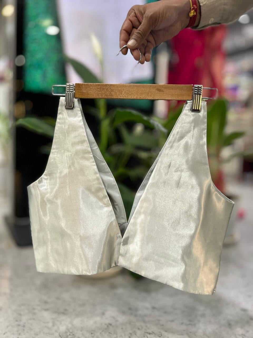 Silver satin plain sleeveless blouse