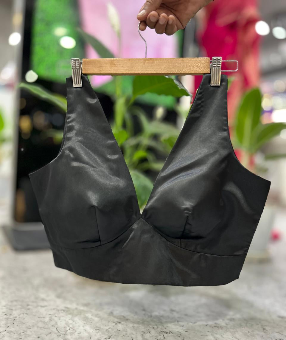 Black satin plain sleeveless blouse