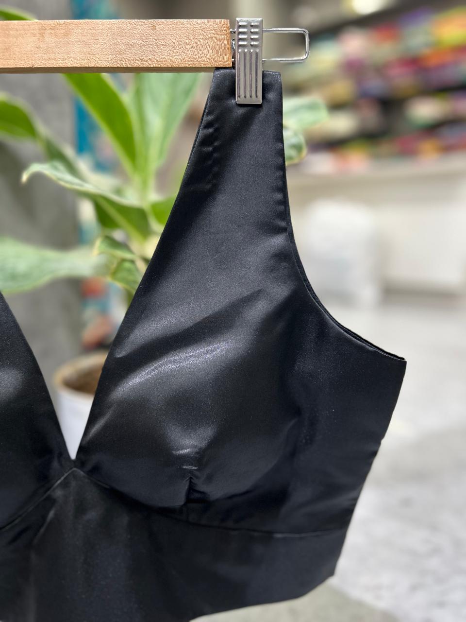 Black satin plain sleeveless blouse