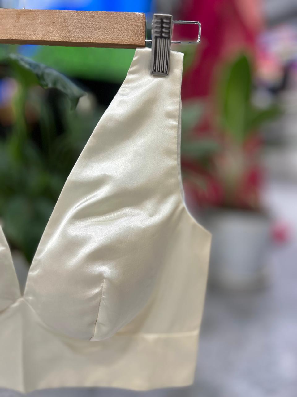 Cream satin plain sleeveless blouse