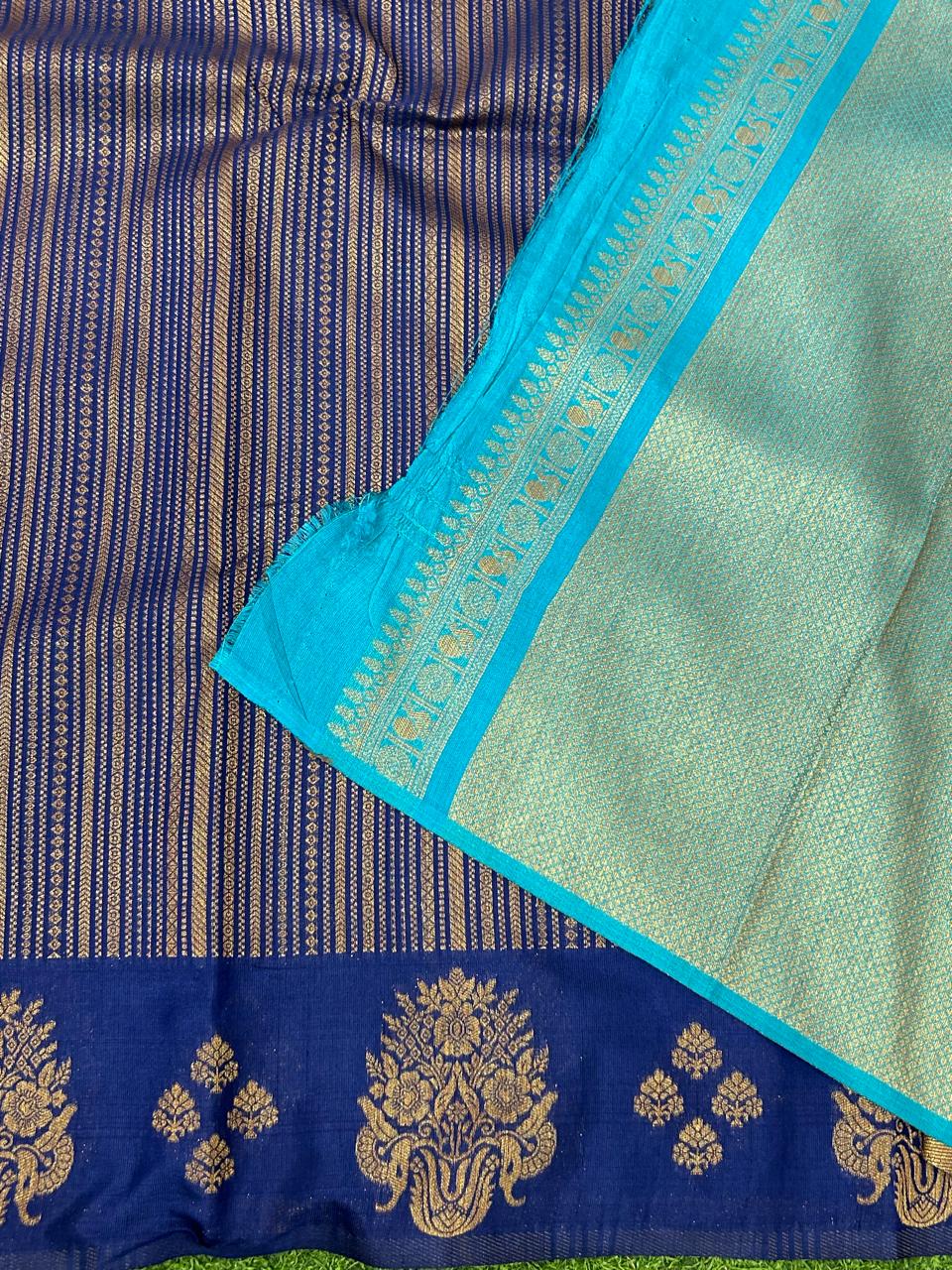Navy blue stripes semi silk saree