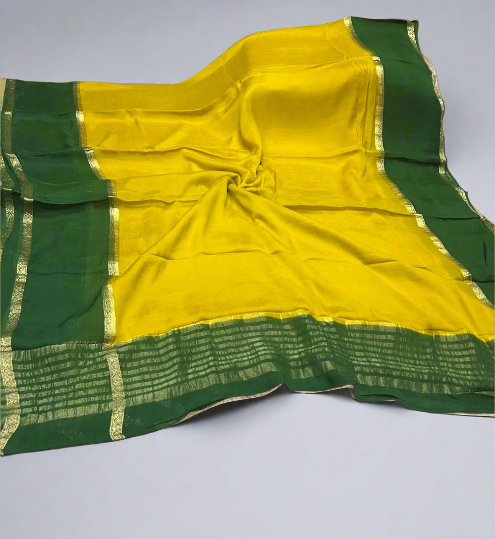 yellow n green plain wrinkle crepe silk saree