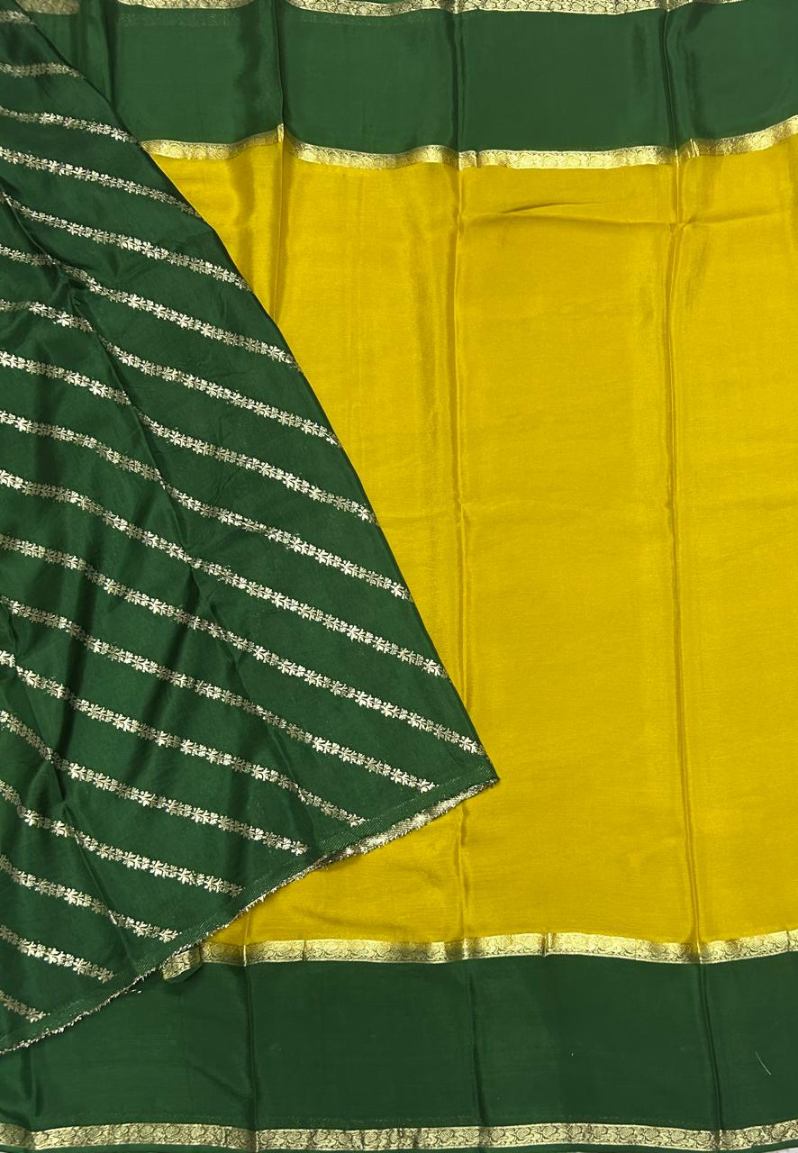 yellow n green plain wrinkle crepe silk saree