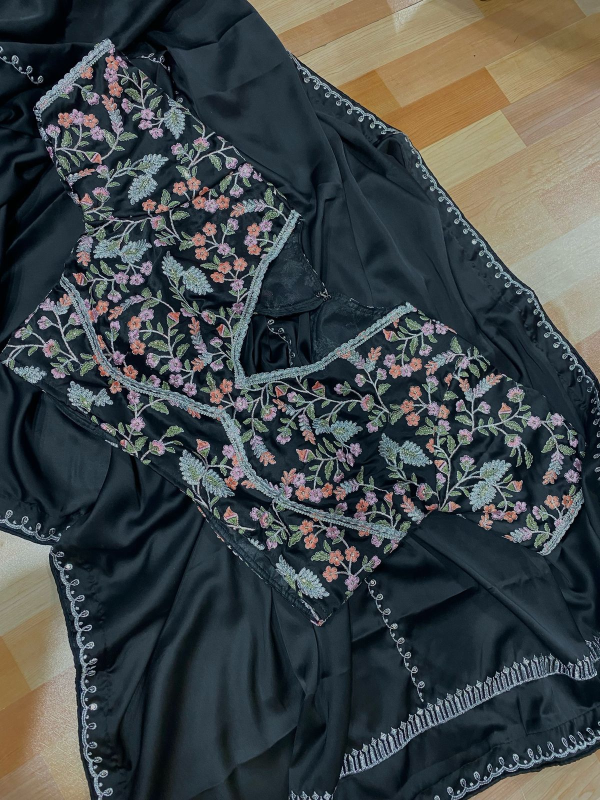 Shriya Saran inspired black satin saree- stitched blouse