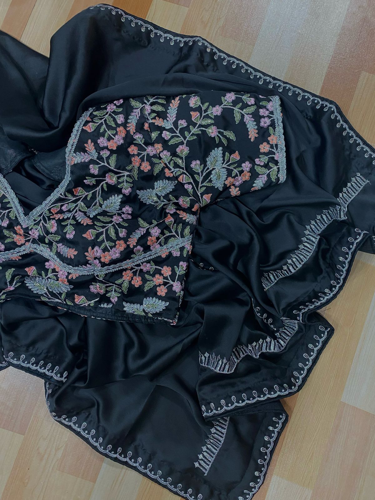 Shriya Saran inspired black satin saree- stitched blouse