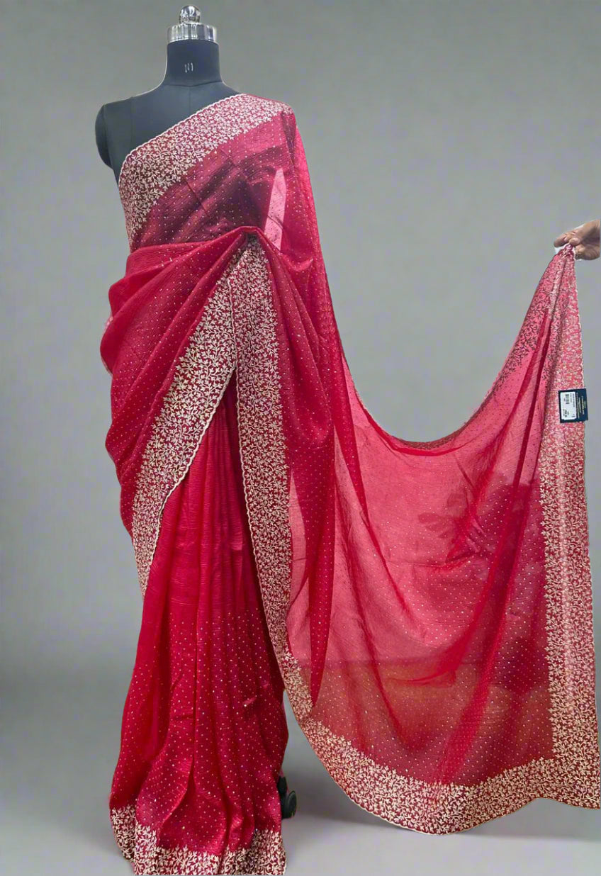 Maroon red Dola crush stone work saree