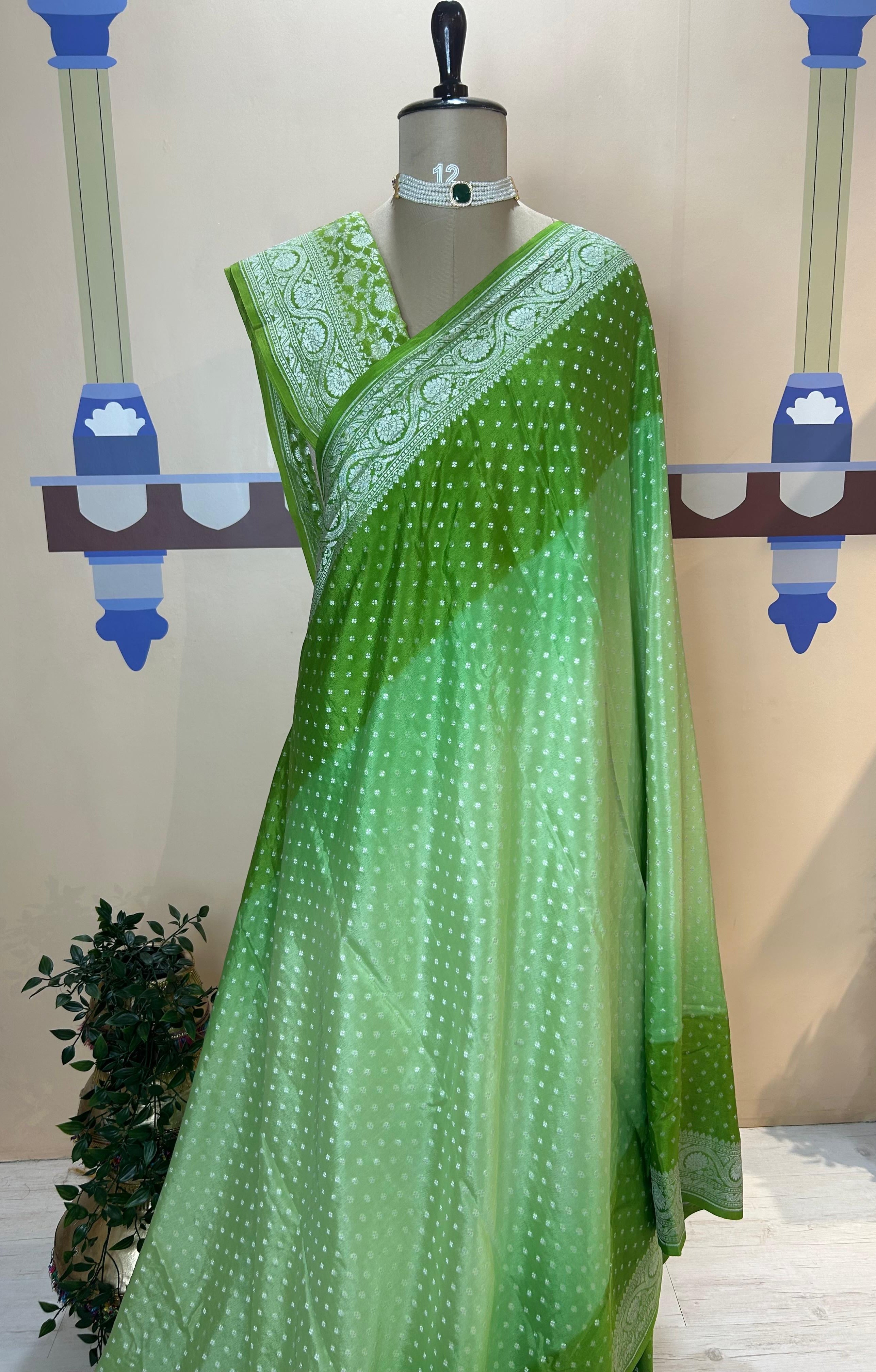 Mehandi green multi toned benaras pure  silver zari crepe saree