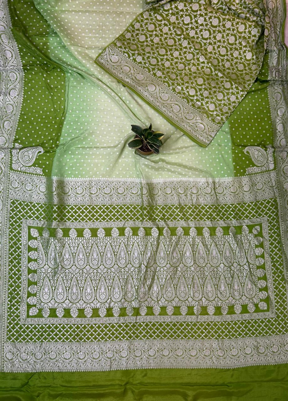 Mehandi green multi toned benaras pure  silver zari crepe saree