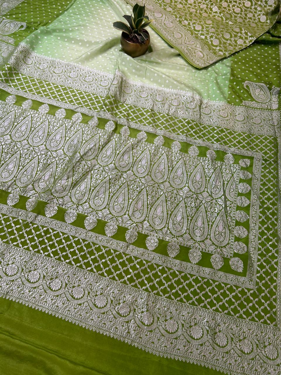 Mehandi green multi toned benaras pure  silver zari crepe saree