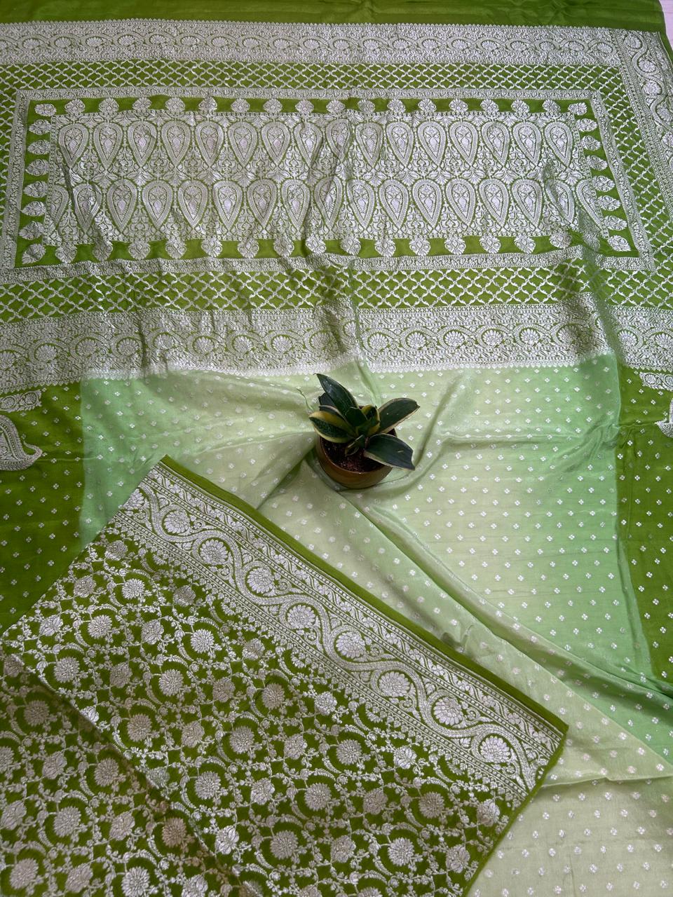 Mehandi green multi toned benaras pure  silver zari crepe saree