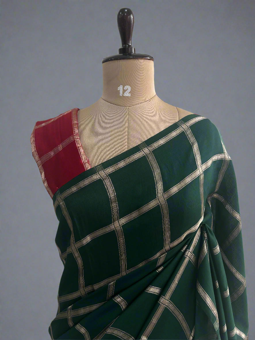 Green soft tussar crepe checks  saree