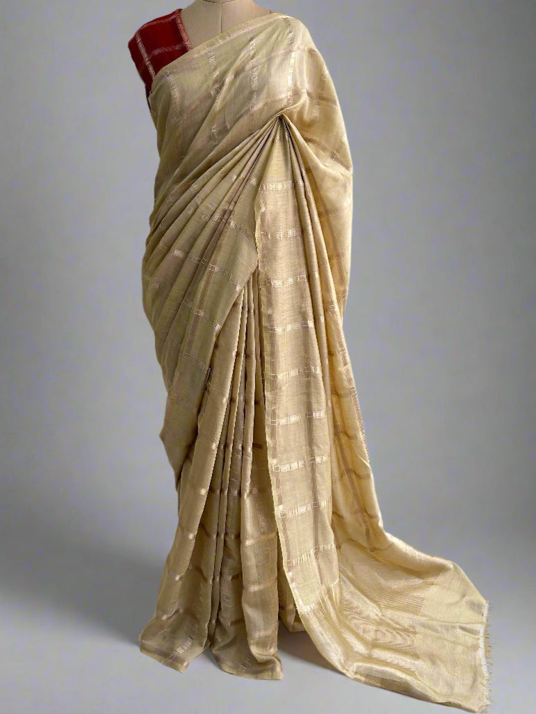 Beige soft tussar crepe checks  saree