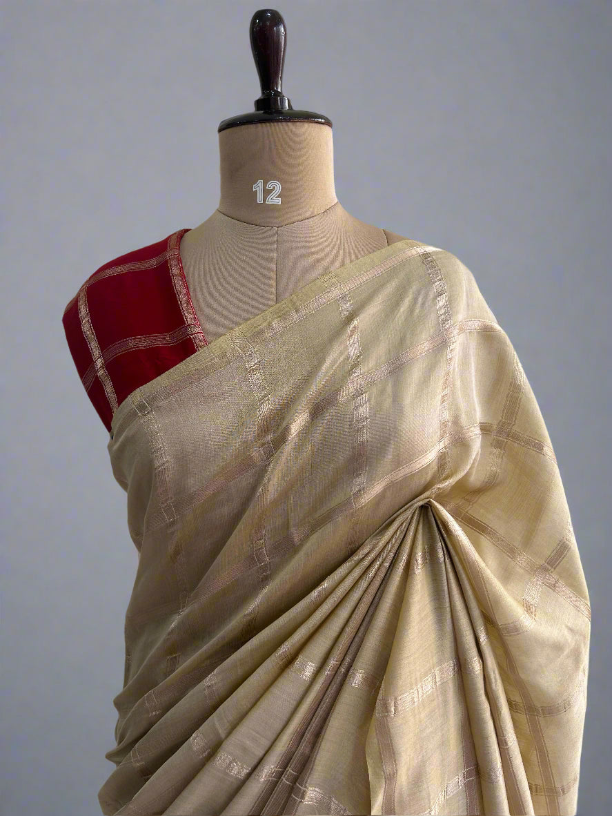 Beige soft tussar crepe checks  saree