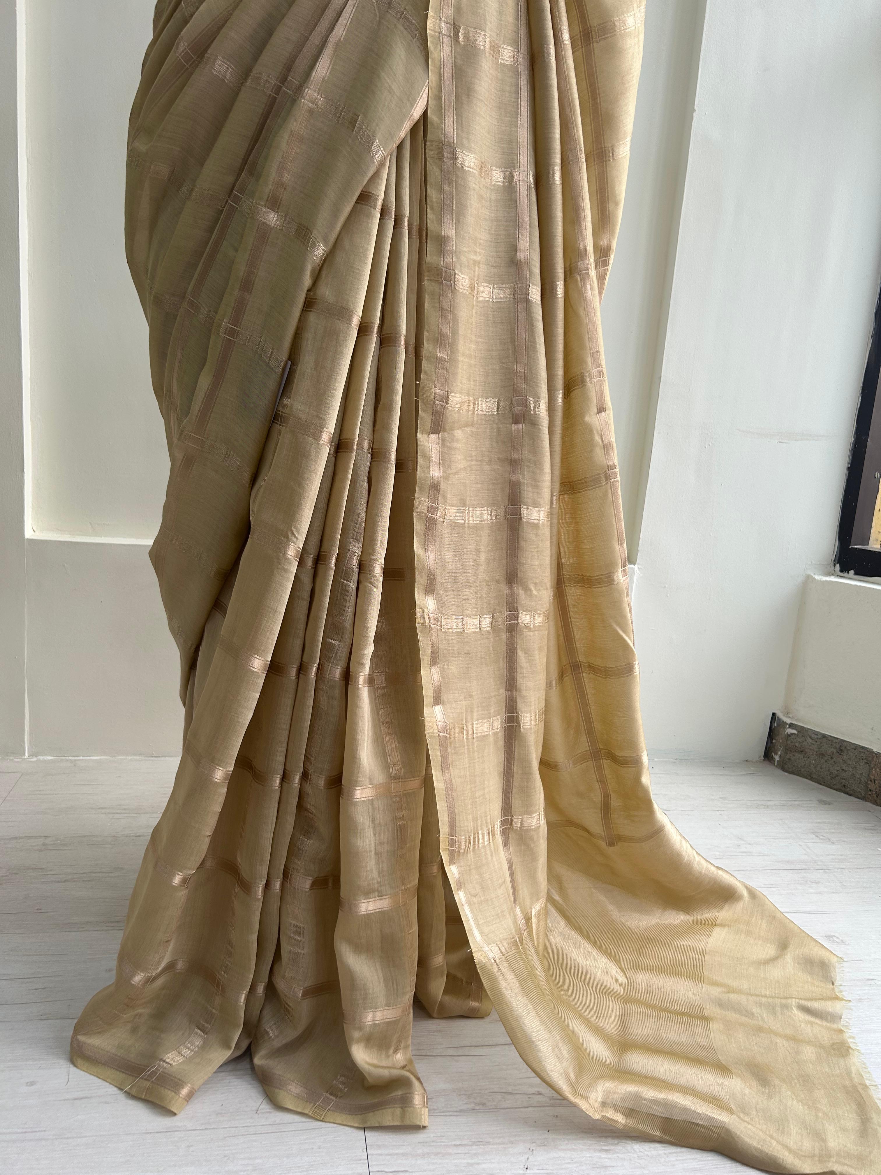 Beige soft tussar crepe checks  saree