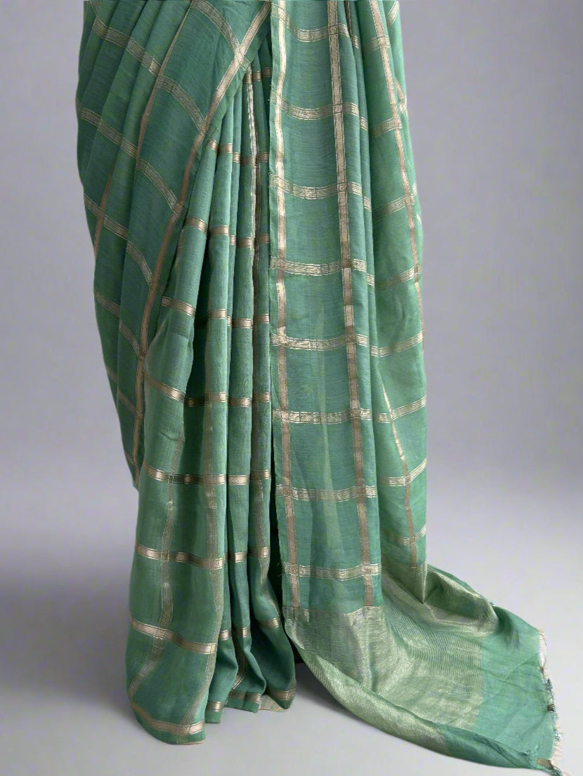 Pista green soft tussar crepe checks  saree