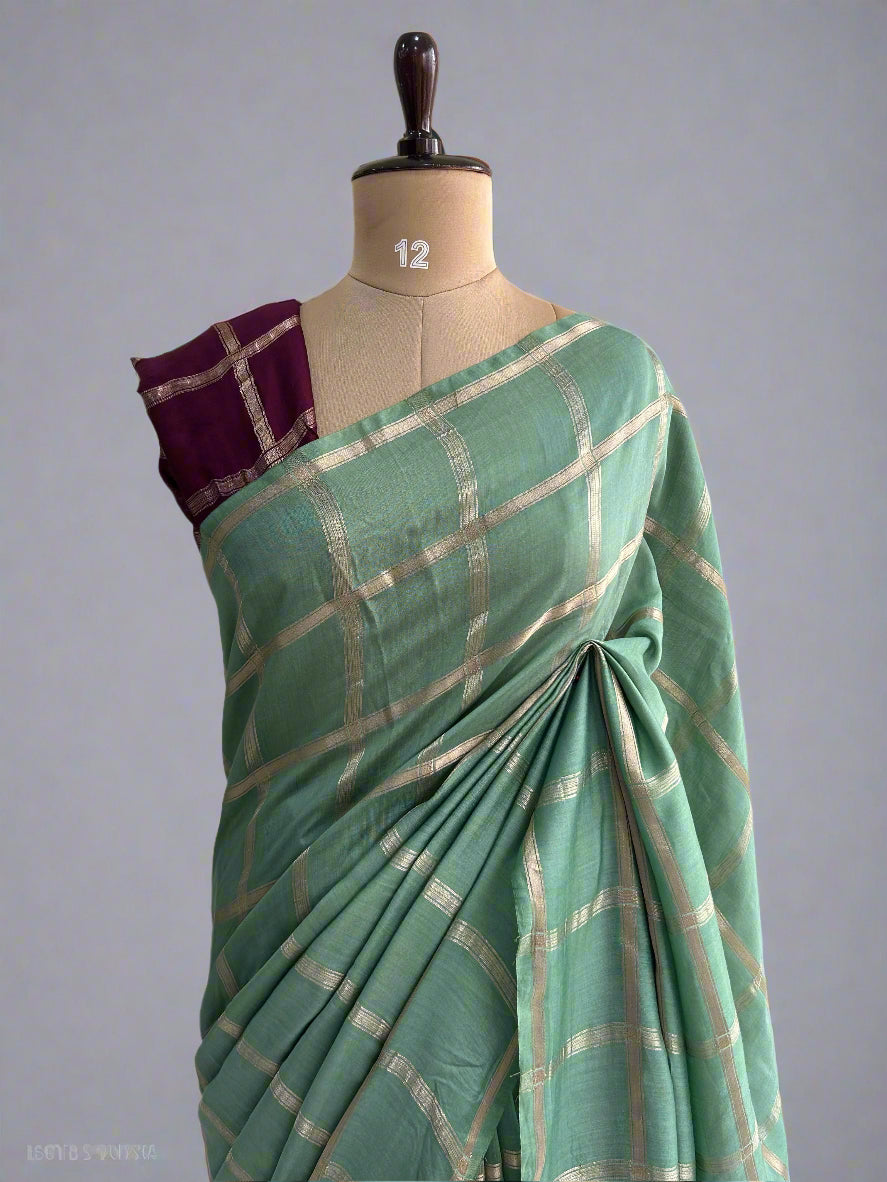 Pista green soft tussar crepe checks  saree