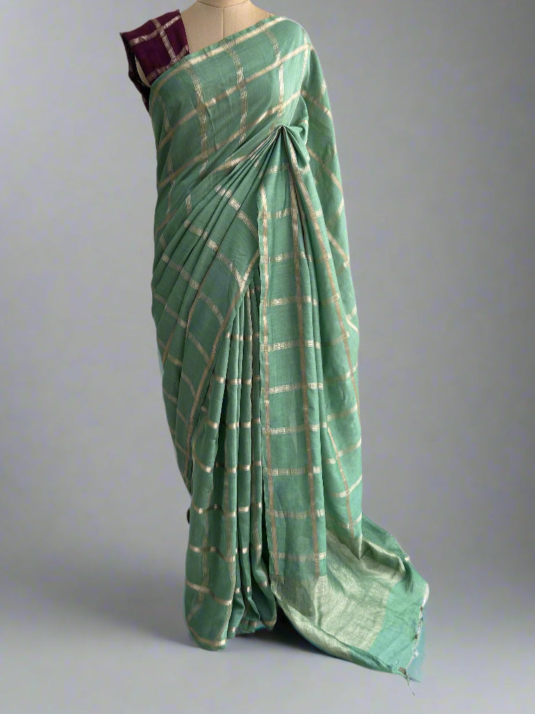 Pista green soft tussar crepe checks  saree