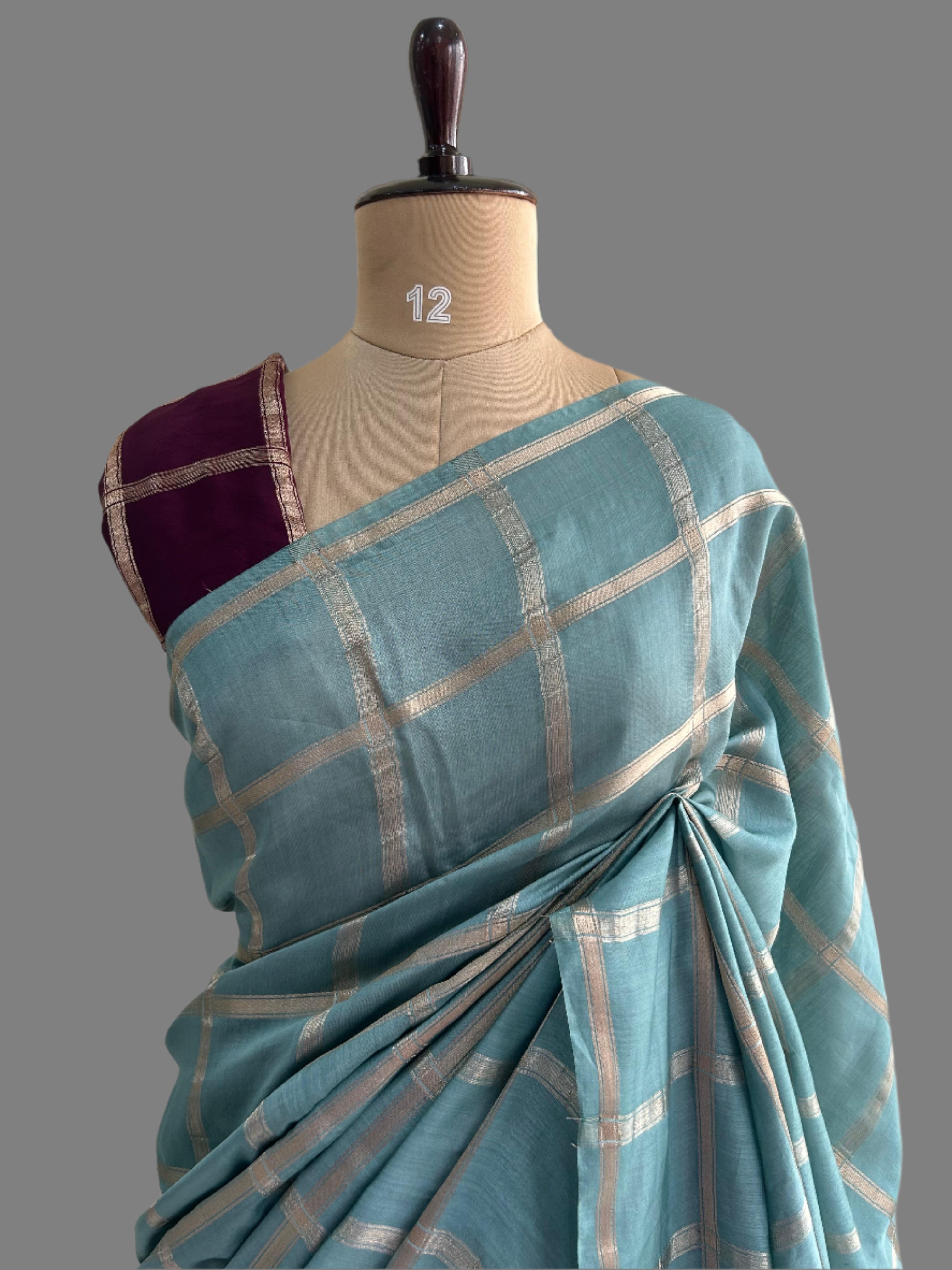 Pastel blue soft tussar crepe checks  saree