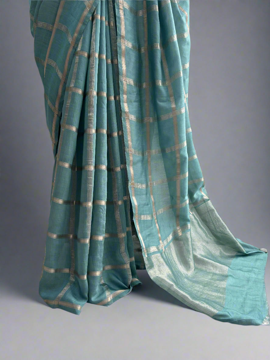 Pastel blue soft tussar crepe checks  saree