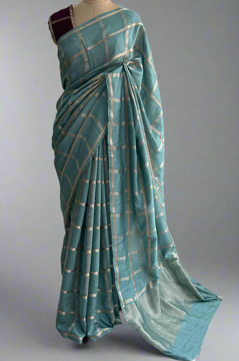 Pastel blue soft tussar crepe checks  saree